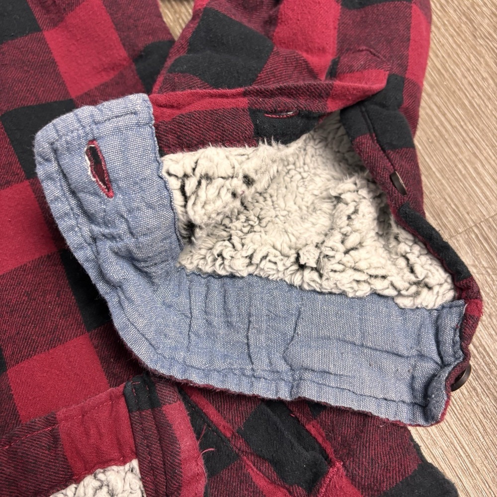 TAILOR VINTAGE Men's L Red Black Plaid Flannel Shirt Jacket Sherpa Lining - Picture 6 of 10